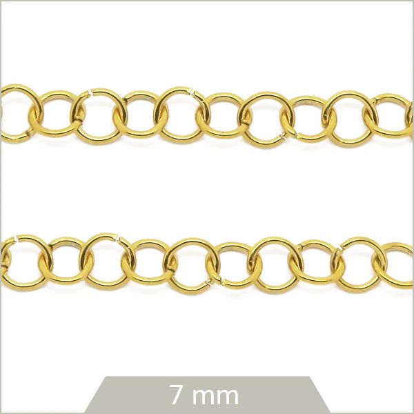 0,5 m de chaîne d'anneaux de jonction 7 mm en acier doré (110 anneaux)