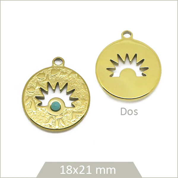 1 breloque solaire en acier inoxydable doré et cabochon turquoise en pierre