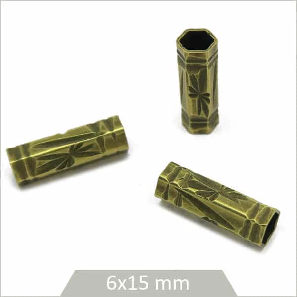 10 perles tubes hexagones gravées bronze, 6x15 mm