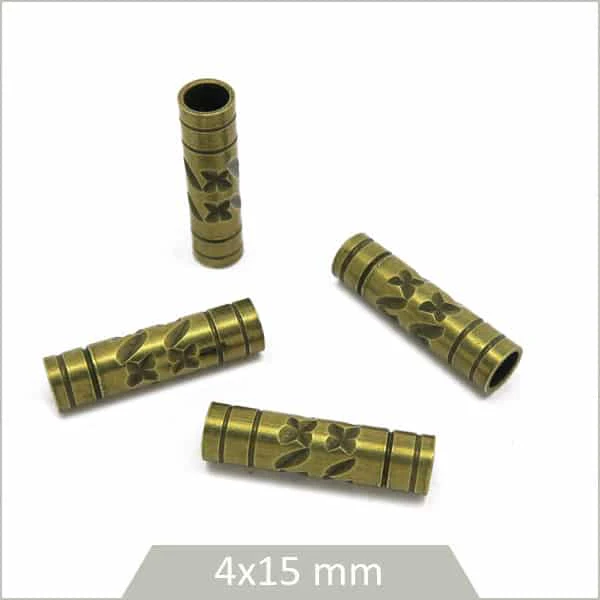 10 perles tubes ronds gravées bronze, 4x15 mm