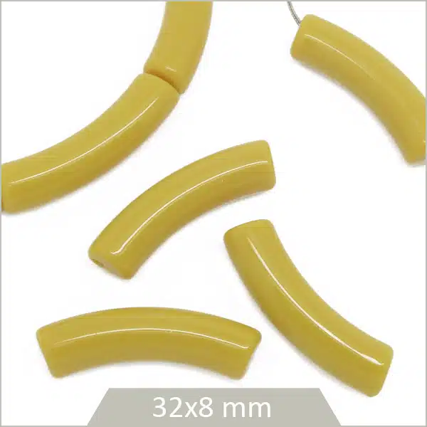 12 perles tubes incurvés jaune moutarde 8 mm