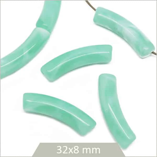 12 perles tubes incurvés vert d'eau marbré 8 mm