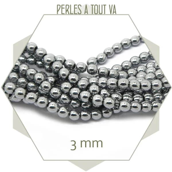Env. 125 perles rondes en hématite couleur argent 3 mm
