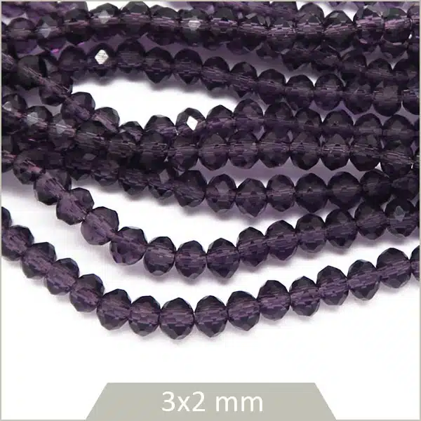 Env. 120 perles de verre à facettes donut violet transparent 3x2 mm