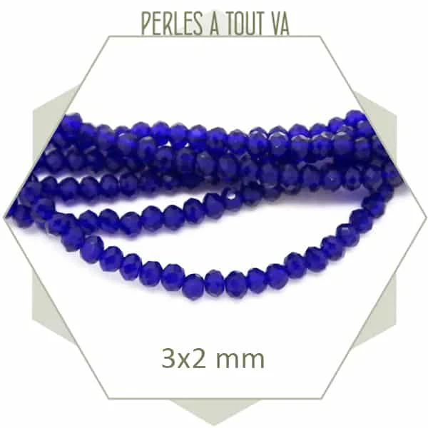 Env. 150 perles de verre à facettes donuts bleu cobalt 3x2 mm