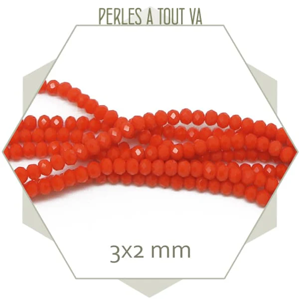 Env. 160 perles de verre à facettes donut orange vif 3x2 mm