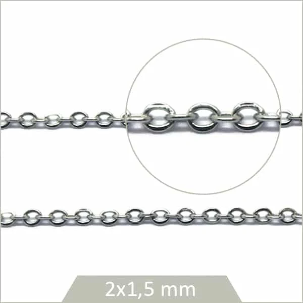 1 m de chaîne ovale en acier argent 1,5 mm, chaîne forçat
