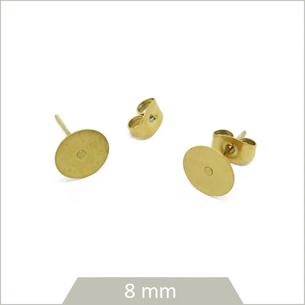 10 clous en acier doré pour boucles d'oreilles puces, 8 mm