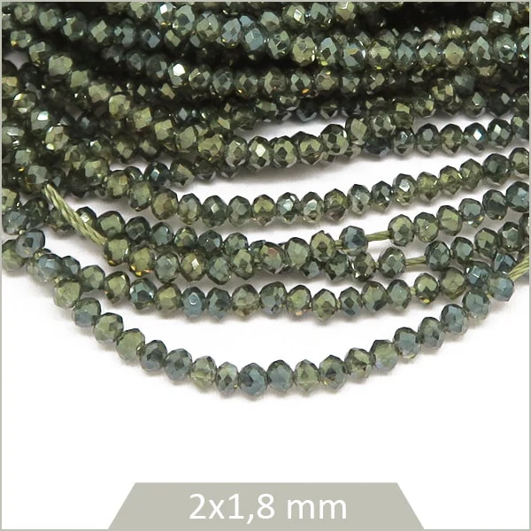 Env. 220 perles de verre donut 2x1,8 mm, vert kaki