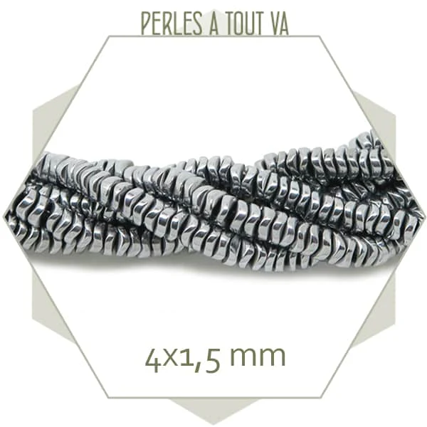 Env. 260 perles heishi ondulées en hématite couleur argent métallisé, 4 mm