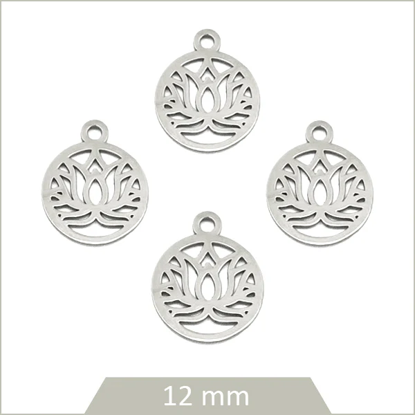4 breloques ronde lotus en acier inoxydable