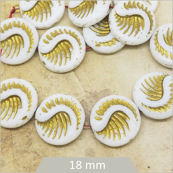 4 perles de verre tchèques rondes et plates, motif plume, blanches