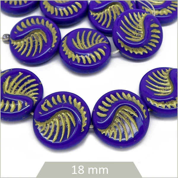 4 perles de verre tchèques rondes et plates, motif plume, bleu indigo