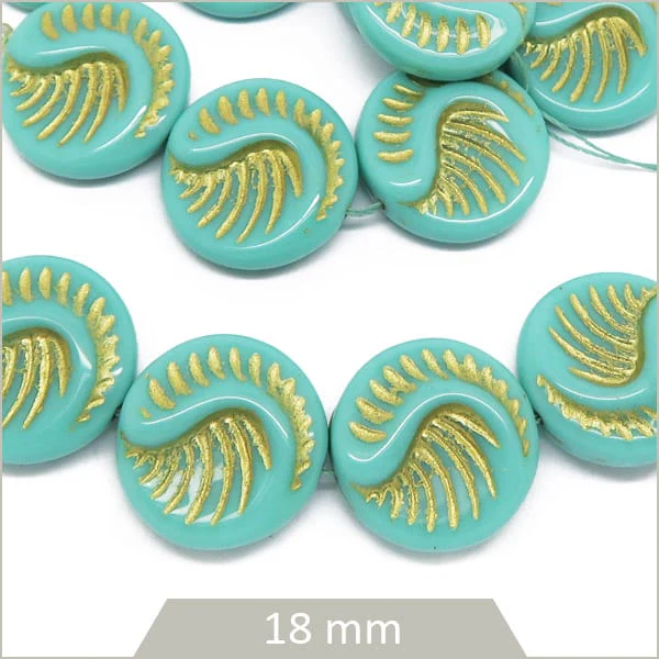 4 perles de verre tchèques rondes et plates, motif plume, turquoise