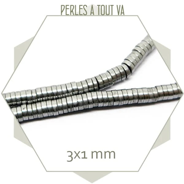 Env. 400 perles rondelles 3x1 mm en hématite métallisé couleur argent