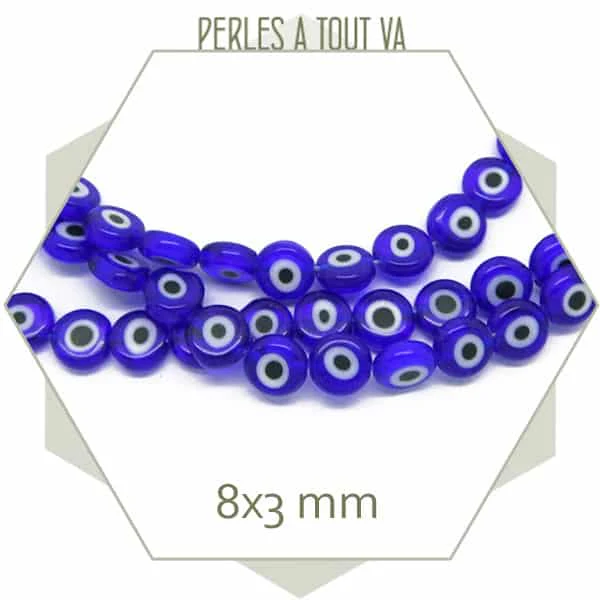 Env. 45 perles plates oeil turc en verre couleur bleu, 8 mm