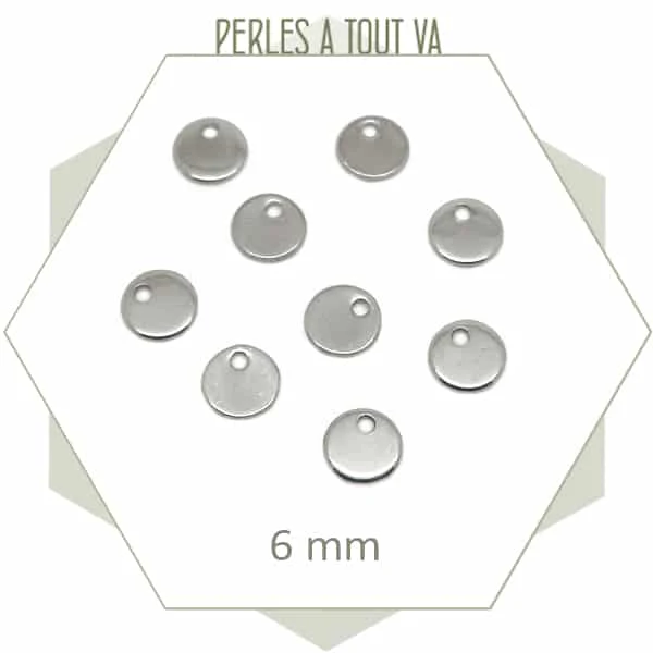 50 mini breloques rondes en acier inoxydable 6 mm