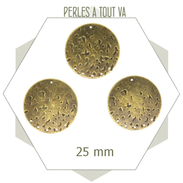 6 breloques cercles bronze, texture comète 25 mm