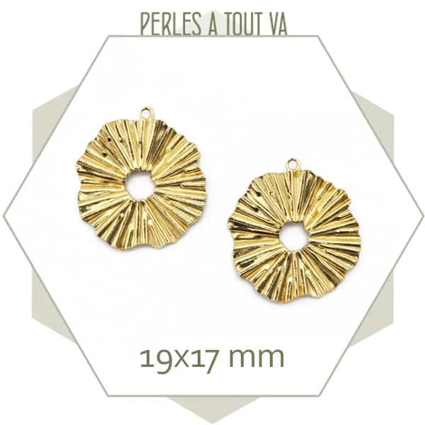 6 breloques donut rondes plissées 17 mm en laiton brut