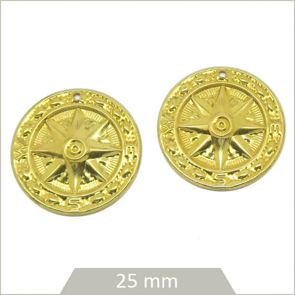 6 breloques rondes boussoles gravées en laiton brut