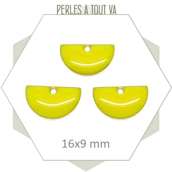 6 sequins effet émaillé demi cercle 16 mm jaune citron
