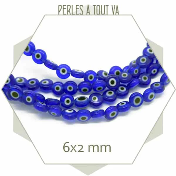 Env. 60 perles plates œil  en verre couleur bleu, 6 mm