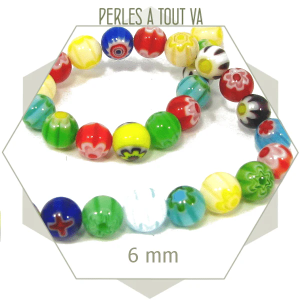 Env. 62 perles de verre Millefiori rondes 6 mm