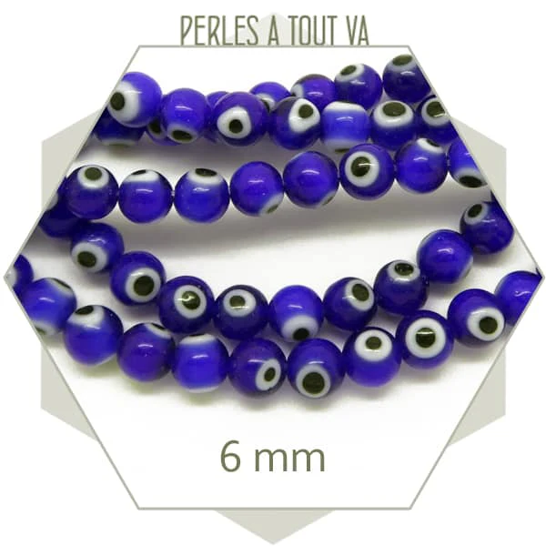 Env. 62 perles rondes oeil turc bleu foncé en verre, 6 mm