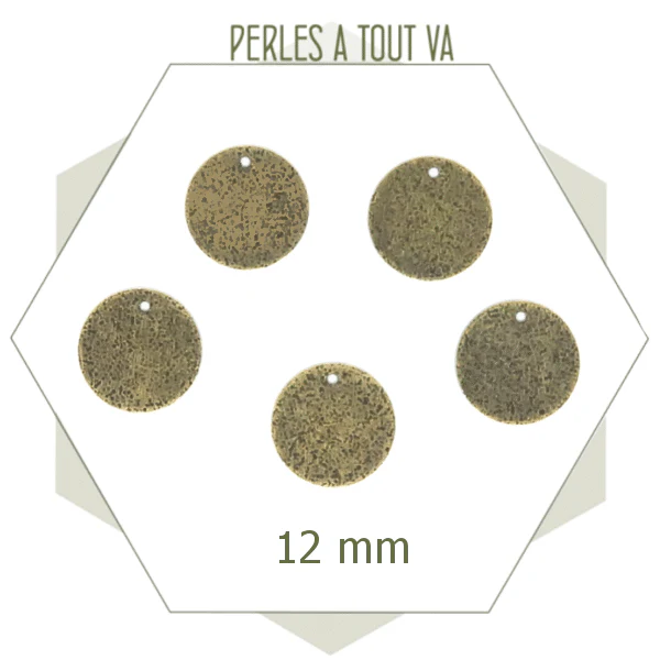 8 breloques cercles bronze, texture granité 12 mm