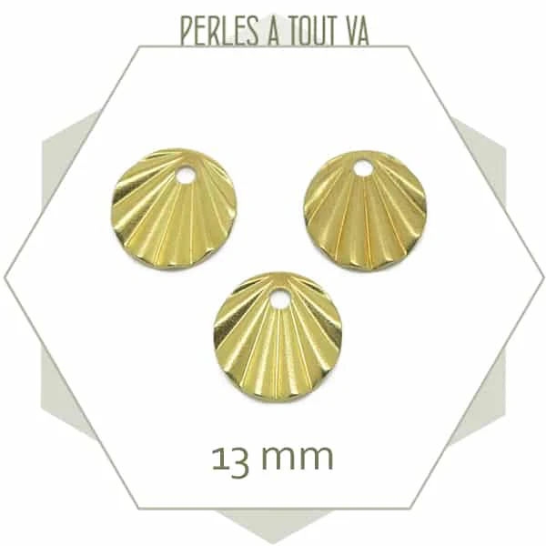 8 breloques rondes plissées 13 mm en laiton brut