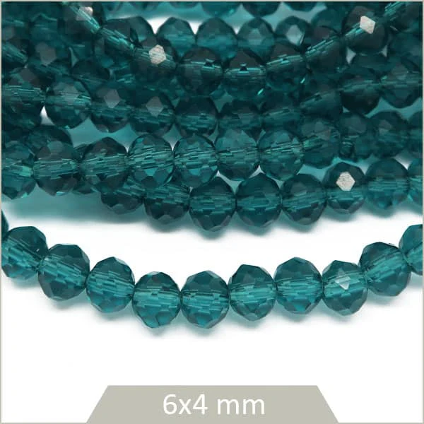Env. 85 perles de verre à facettes donut bleu pétrole transparent 6x4 mm