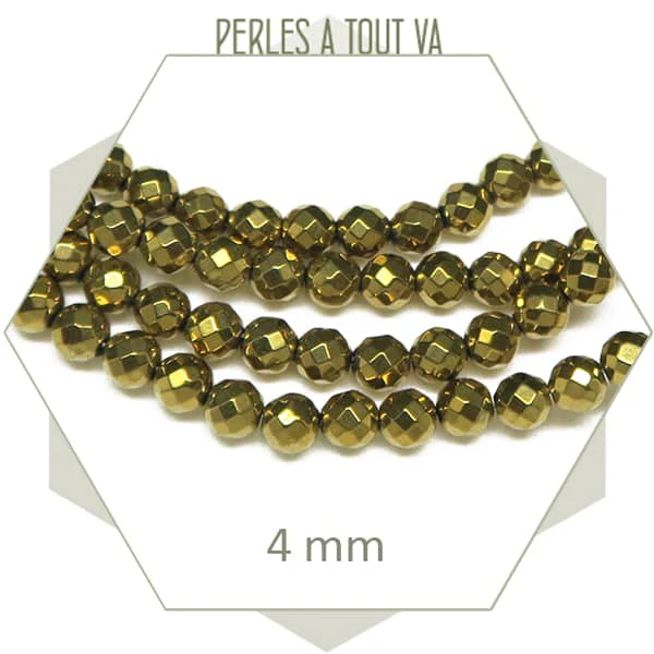 Env. 95 perles rondes à facettes 4 mm en hématite doré métallisé