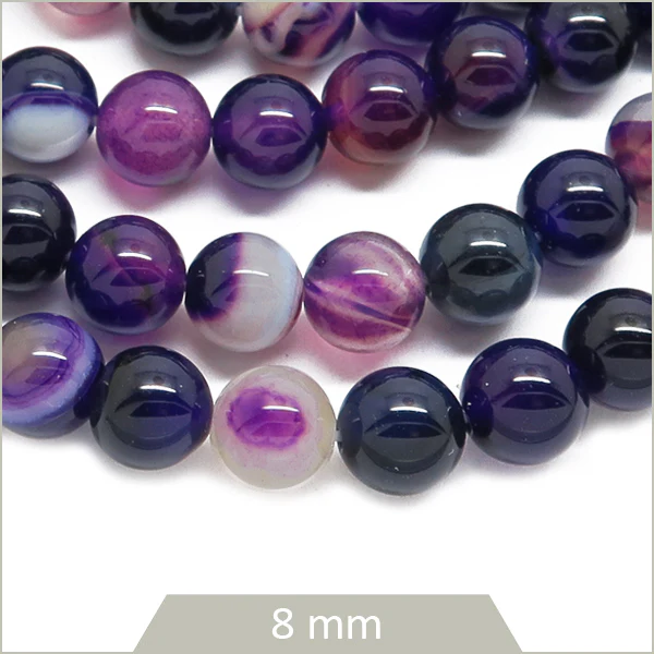 Env. 45 perles rondes en Agate rayée violette, 8 mm